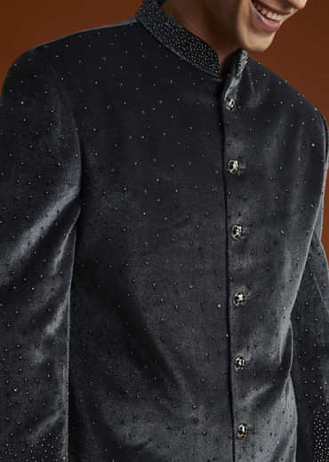 Black Velvet Indo Western Set For Men With Stone Work