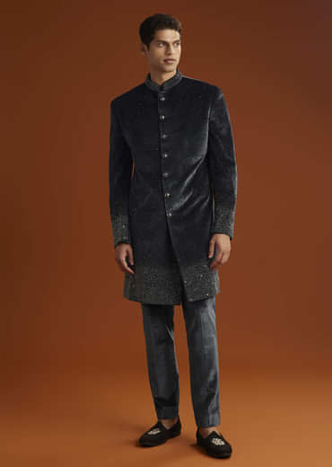 Black Velvet Indo Western Set For Men With Stone Work