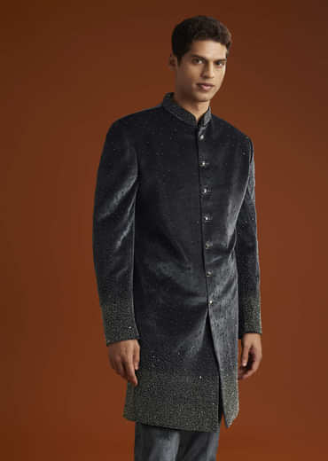 Black Velvet Indo Western Set For Men With Stone Work