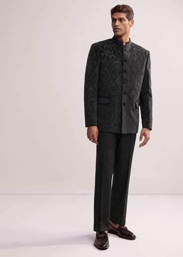 Black Velvet Jodhpuri Set For Men With Cutdana Work