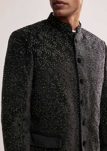 Black Velvet Jodhpuri Set For Men With Cutdana Work