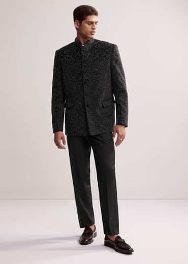 Black Velvet Jodhpuri Set For Men With Cutdana Work