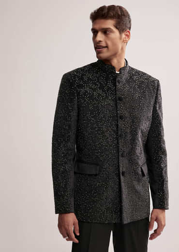 Black Velvet Jodhpuri Set For Men With Cutdana Work