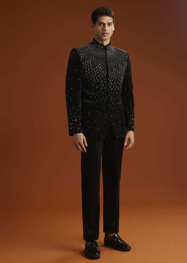Black Velvet Jodhpuri Suit For Men With Beads Work