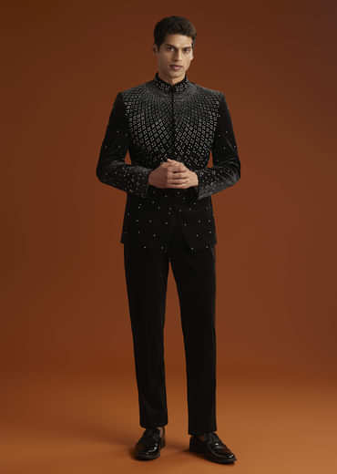 Black Velvet Jodhpuri Suit For Men With Beads Work