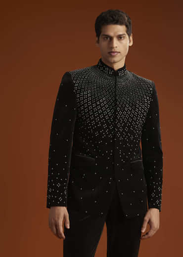 Black Velvet Jodhpuri Suit For Men With Beads Work