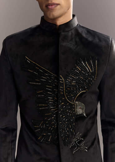 Black Velvet Jodhpuri Suit For Men With Cutdana Embroidery