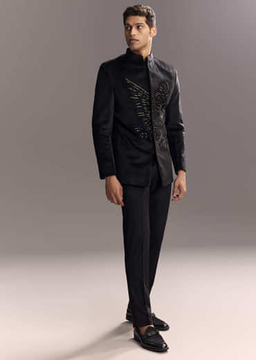 Black Velvet Jodhpuri Suit For Men With Cutdana Embroidery
