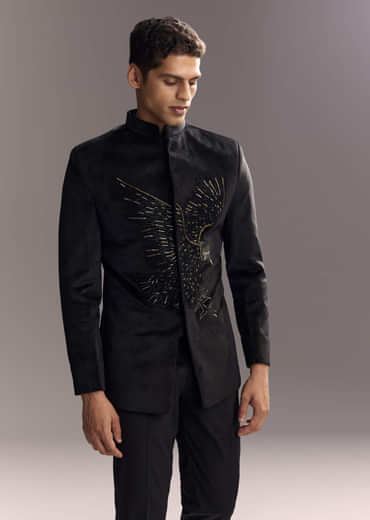 Black Velvet Jodhpuri Suit For Men With Cutdana Embroidery