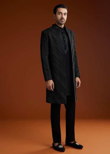 Black Velvet Open Indo Jacket Set With Cutdana Work
