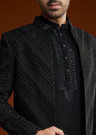 Black Velvet Open Indo Jacket Set With Cutdana Work