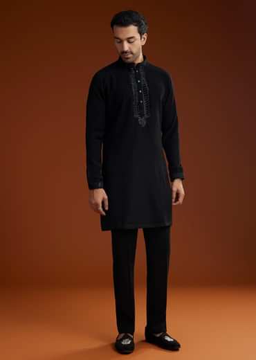 Black Velvet Open Indo Jacket Set With Cutdana Work