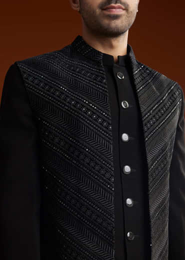 Black Velvet Open Indo Jacket Set With Embroidery