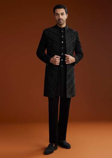 Black Velvet Open Indo Jacket Set With Embroidery
