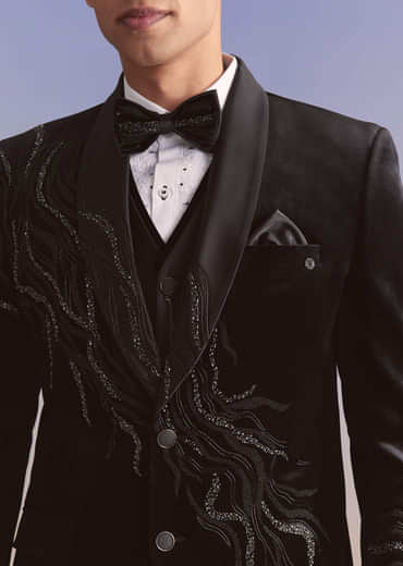 Black Velvet Tuxedo For Men With Cut Work And Beads Embroidery