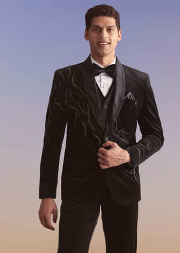 Black Velvet Tuxedo For Men With Cut Work And Beads Embroidery