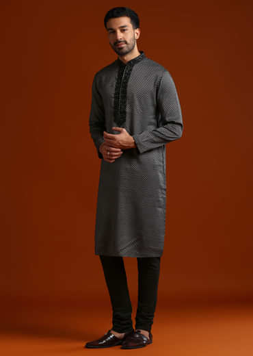 Black Viscose Kurta Set For Men With Thread And Stone Embroidery