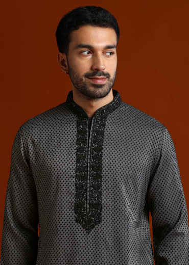 Black Viscose Kurta Set For Men With Thread And Stone Embroidery