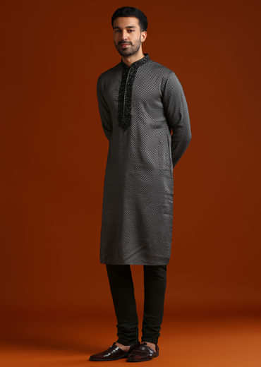 Black Viscose Kurta Set For Men With Thread And Stone Embroidery