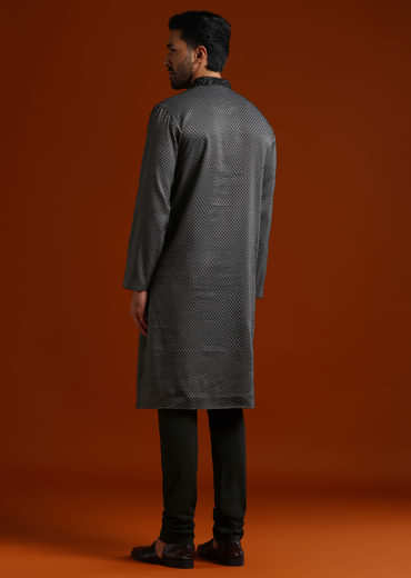 Black Viscose Kurta Set For Men With Thread And Stone Embroidery