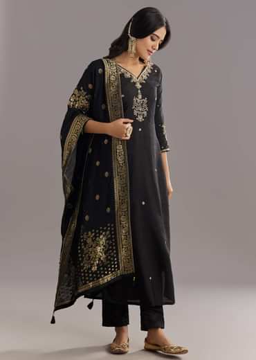 Black Viscose Silk Kurta Set With Zari Moti and Cut Dana Work