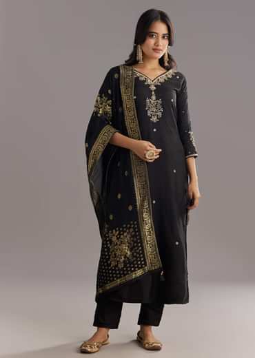 Black Viscose Silk Kurta Set With Zari Moti and Cut Dana Work