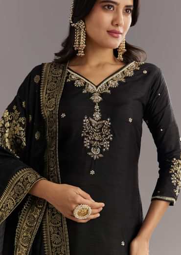 Black Viscose Silk Kurta Set With Zari Moti and Cut Dana Work