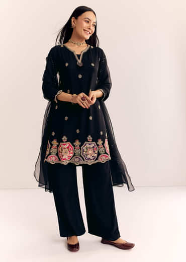 Black Zardosi Work Dola Silk Kurta And Organza Dupatta Suit