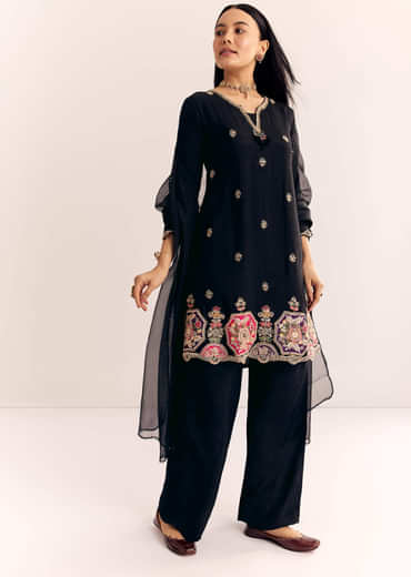 Black Zardosi Work Dola Silk Kurta And Organza Dupatta Suit