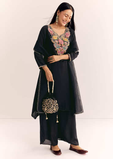 Black Zardosi Work Dola Silk Kurta Set With Organza Dupatta