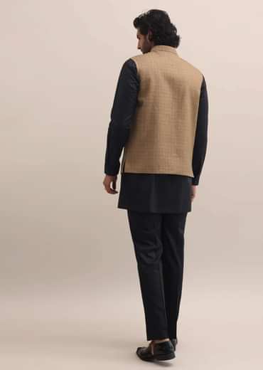 Black And Brown Embroidered Silk Kurta Jacket Set For Men