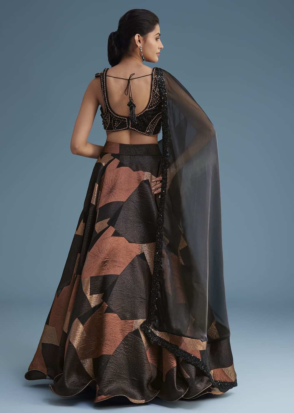 Black And Copper Lurex Glitter Lehenga Set With Fancy Choli