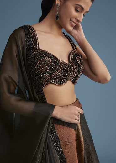 Black And Copper Lurex Glitter Lehenga Set With Fancy Choli
