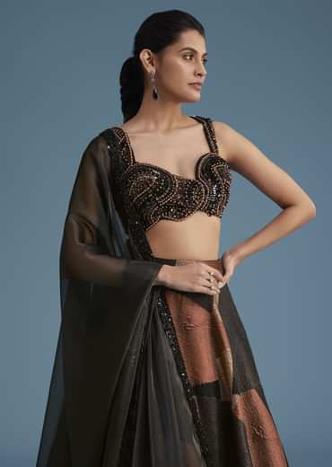 Black And Copper Lurex Glitter Lehenga Set With Fancy Choli
