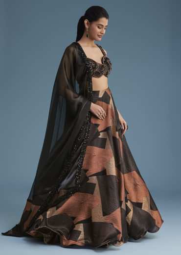 Black And Copper Lurex Glitter Lehenga Set With Fancy Choli