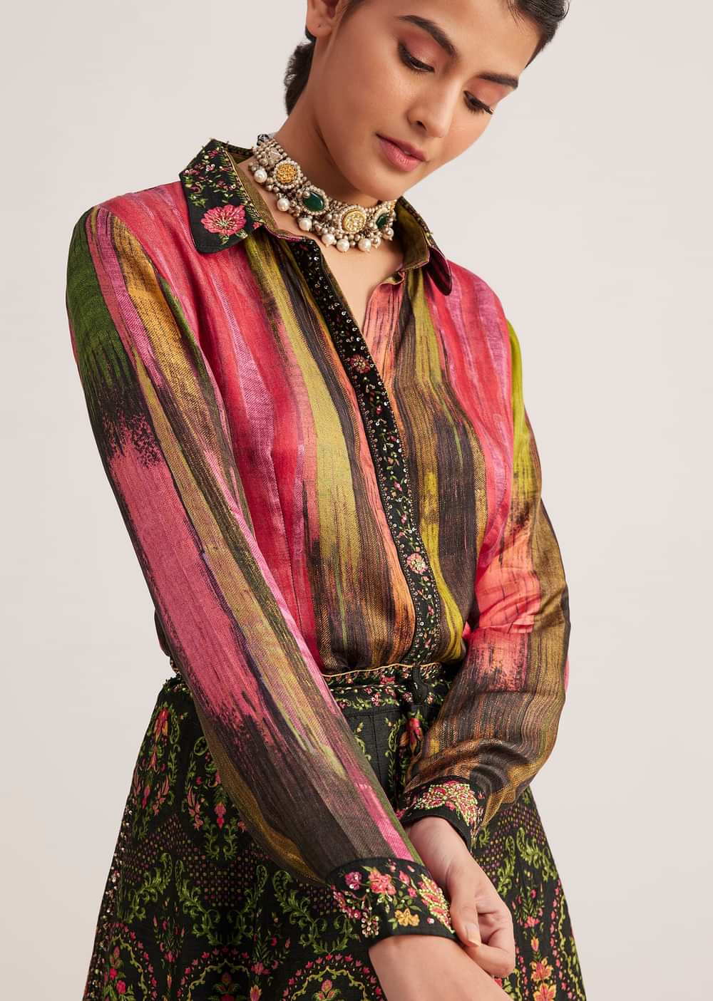 Black And Pink Silk Shirt And Skirt Set