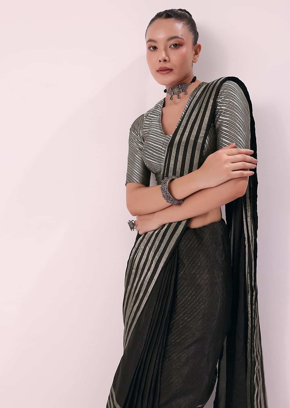 Black And Silver Half Striped Chanderi Saree And Stitched Blouse