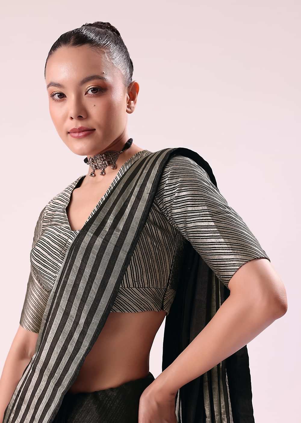 Black And Silver Half Striped Chanderi Saree And Stitched Blouse
