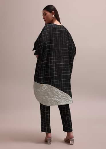 Black And White Checks Colour Block Woven Crepe Co-ord Set With Beads On Neckline