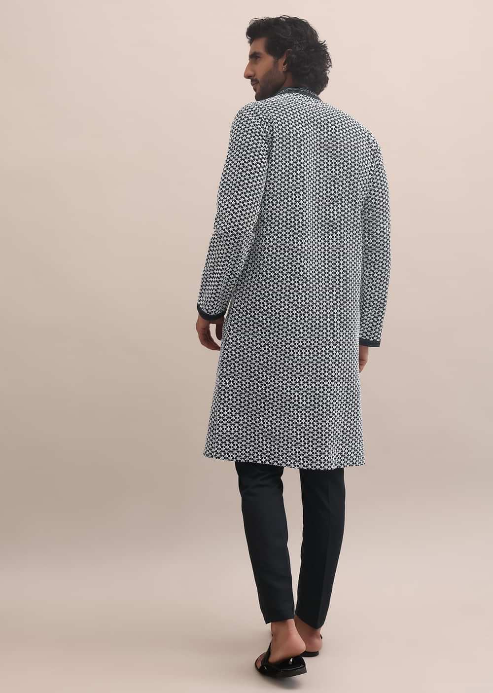 Black And White Lucknowi Cotton Kurta Set For Men Wear Wear