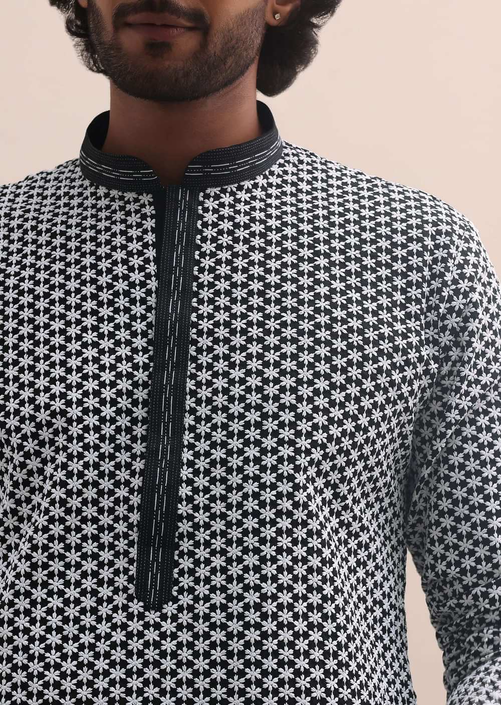 Black And White Lucknowi Cotton Kurta Set For Men Wear Wear