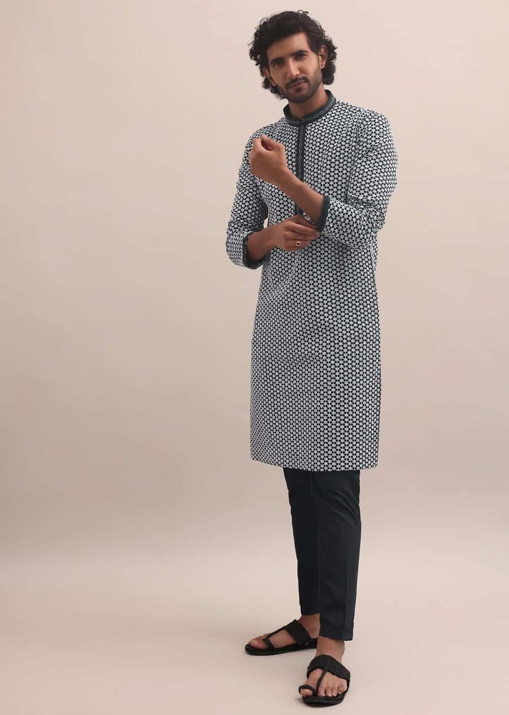 Black And White Lucknowi Cotton Kurta Set For Men Wear Wear