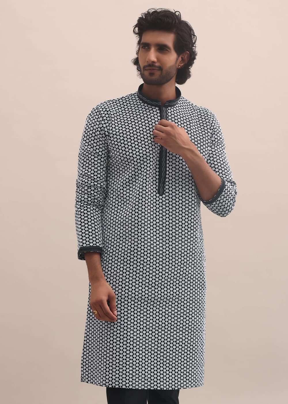 Black And White Lucknowi Cotton Kurta Set For Men Wear Wear