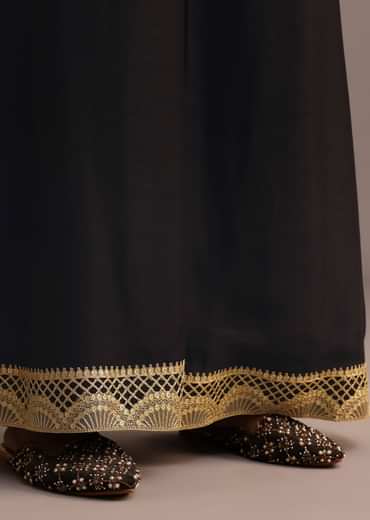 Black And Yellow Embroidered Kurti Palazzo Set With Organza Dupatta