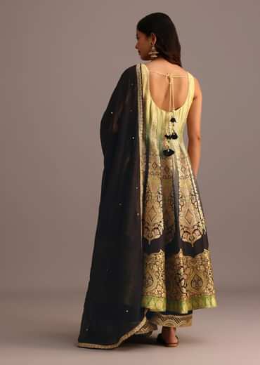 Black And Yellow Embroidered Kurti Palazzo Set With Organza Dupatta