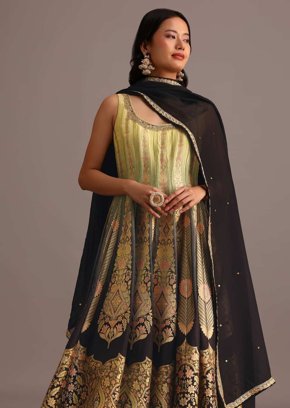 Black And Yellow Embroidered Kurti Palazzo Set With Organza Dupatta