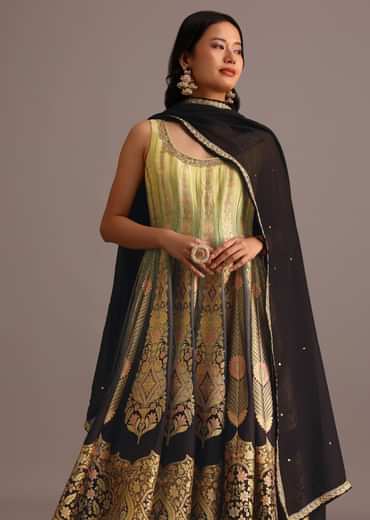Black And Yellow Embroidered Kurti Palazzo Set With Organza Dupatta