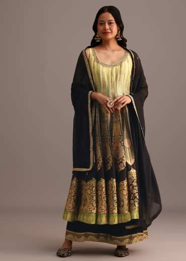 Black And Yellow Embroidered Kurti Palazzo Set With Organza Dupatta