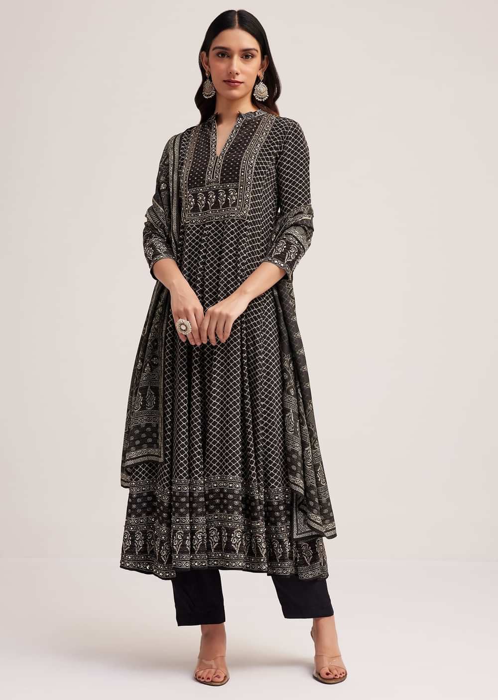 Black Printed Anarkali Set With Dupatta
