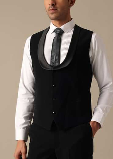 Black Blazer And Pant Set Tuxedo With Cutwork Detail